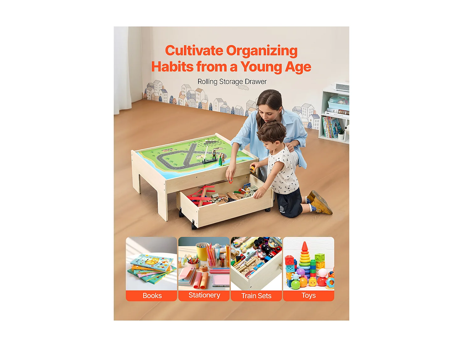 Holz-Eisenbahnspielset SucceBuy, 100 Teile, mit Eisenbahnschienen, Doppelseitiger 3-in-1-Aktivitätstisch zum Spielen, Kreatives Spielzeug für Kinder ab 3 Jahren