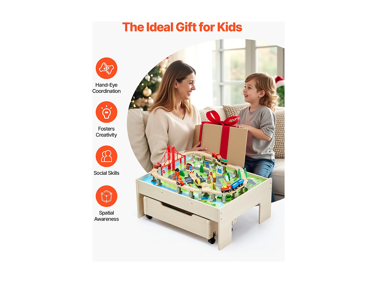 Holz-Eisenbahnspielset SucceBuy, 100 Teile, mit Eisenbahnschienen, Doppelseitiger 3-in-1-Aktivitätstisch zum Spielen, Kreatives Spielzeug für Kinder ab 3 Jahren