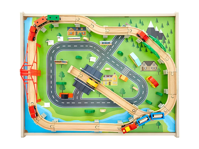 Holz-Eisenbahnspielset SucceBuy, 100 Teile, mit Eisenbahnschienen, Doppelseitiger 3-in-1-Aktivitätstisch zum Spielen, Kreatives Spielzeug für Kinder ab 3 Jahren