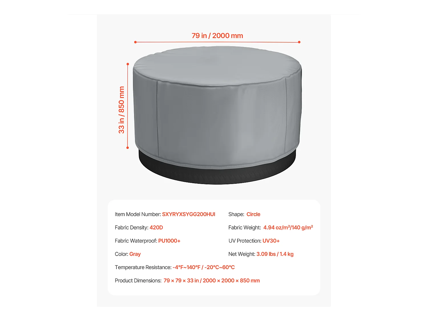 Ronde Afdekking SucceBuy voor Spa, φ200 x 85 cm, Weer- en Waterbestendig, Ultrasterk 420D Oxford-weefsel en Scheurweerstand 950N, Grijs