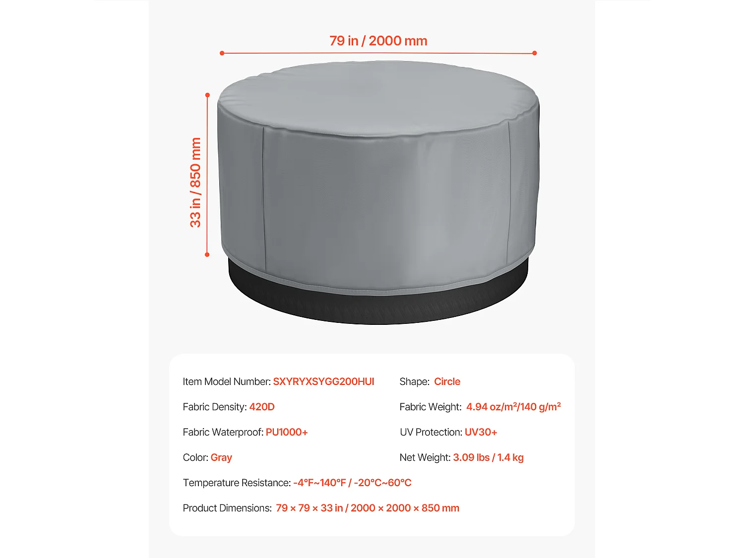 Copertura Rotonda SucceBuy per Spa, φ200 x 85 cm, Resistente alle Intemperie e all'Acqua, Tessuto Oxford 420D Ultra Resistente e Resistenza allo Strappo 950N