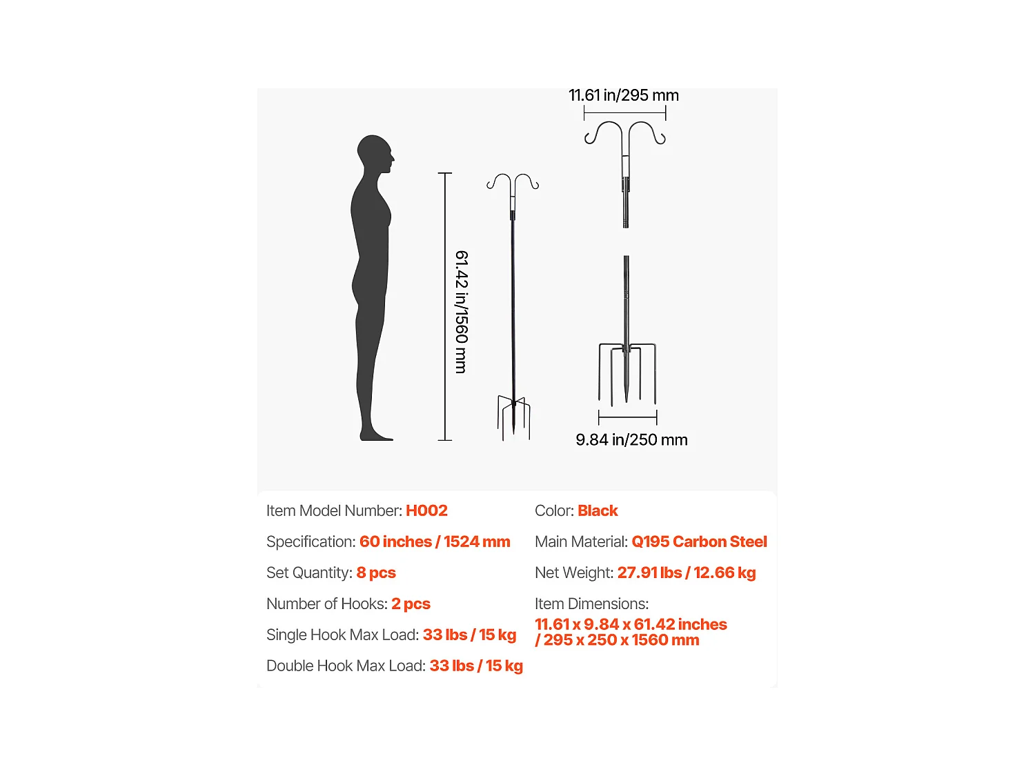 Crochet de Berger SucceBuy pour Mangeoire à Oiseaux, 156 cm, Poteau pour Mangeoires à Oiseaux, Épaisseur 1.9 cm, Support pour Jardin Suspendre Paniers