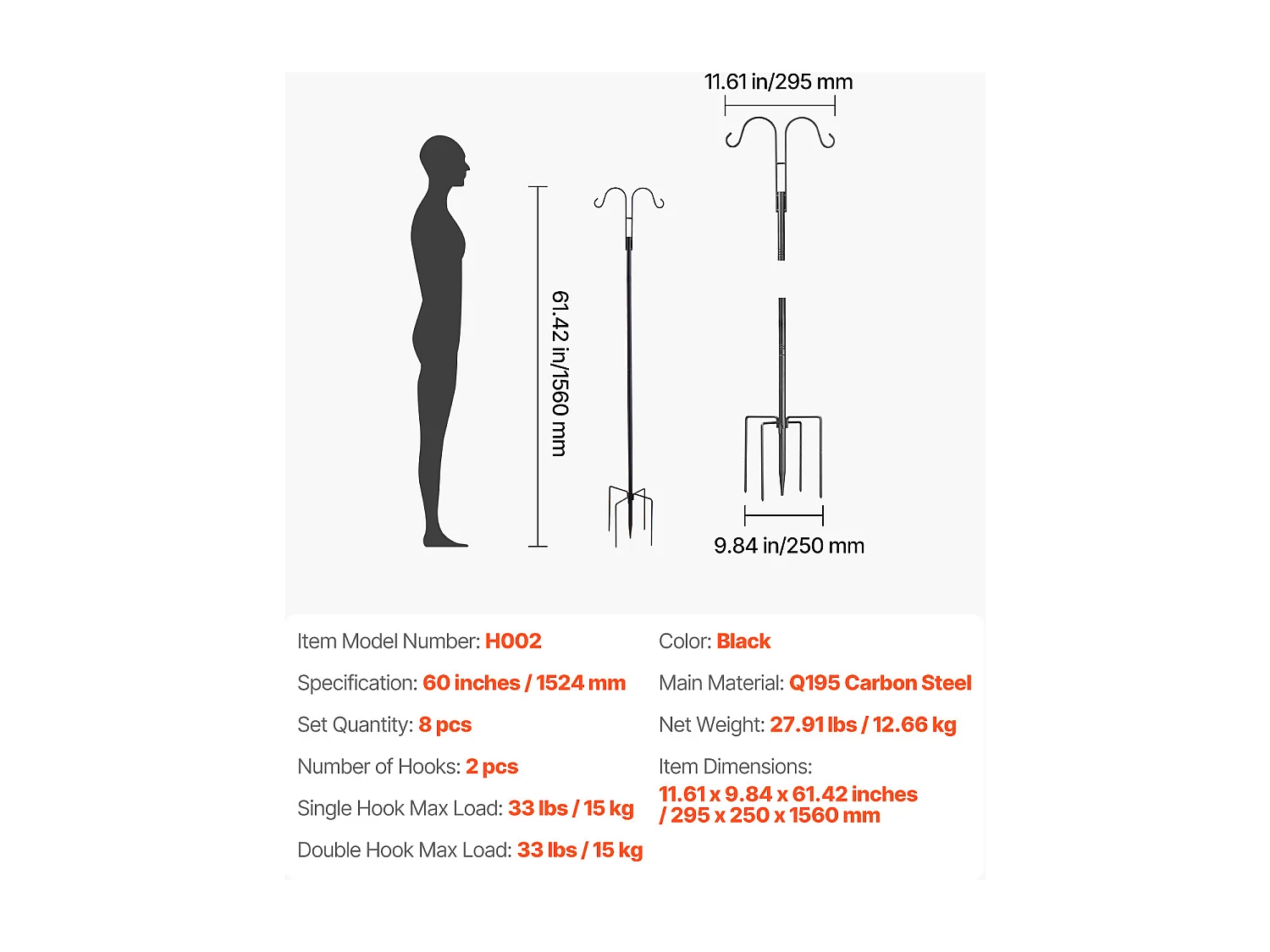 Crochet de Berger SucceBuy pour Mangeoire à Oiseaux, 156 cm, Poteau pour Mangeoires à Oiseaux, Épaisseur 1.9 cm, Support pour Jardin Suspendre Paniers