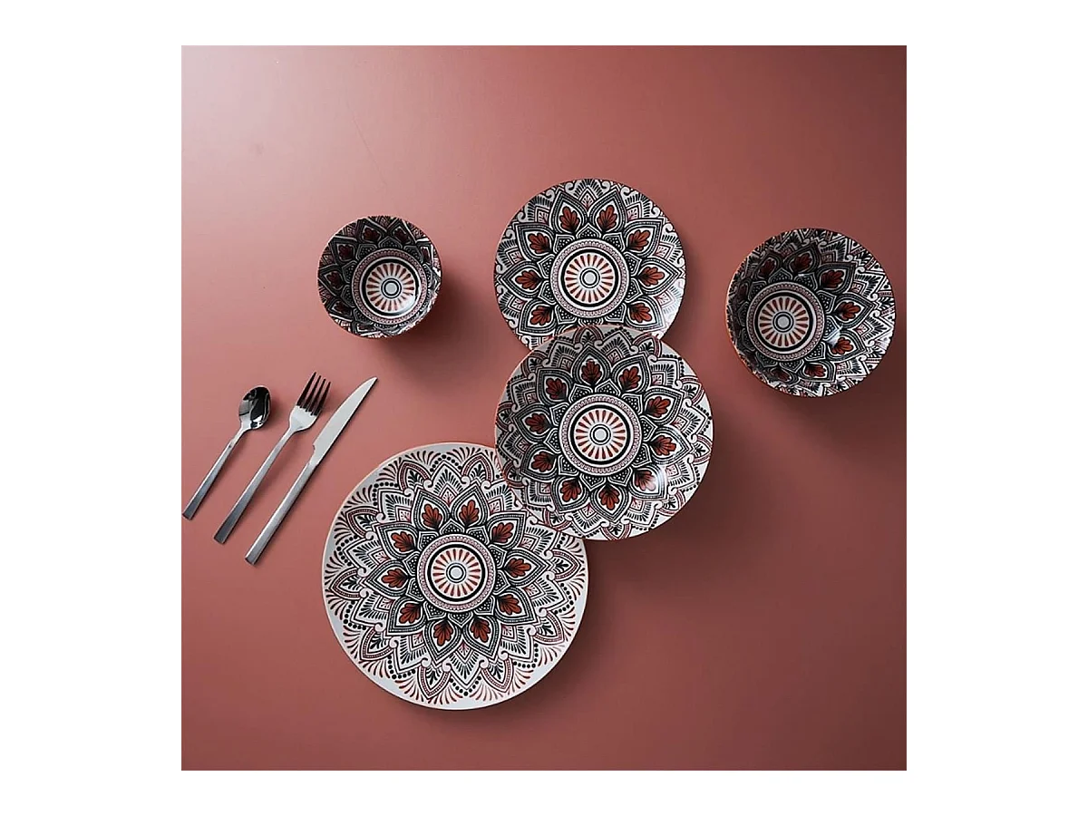 Set de 6 assiettes plates en porcelaine orange mandala (Ø26cm) - MANDALA