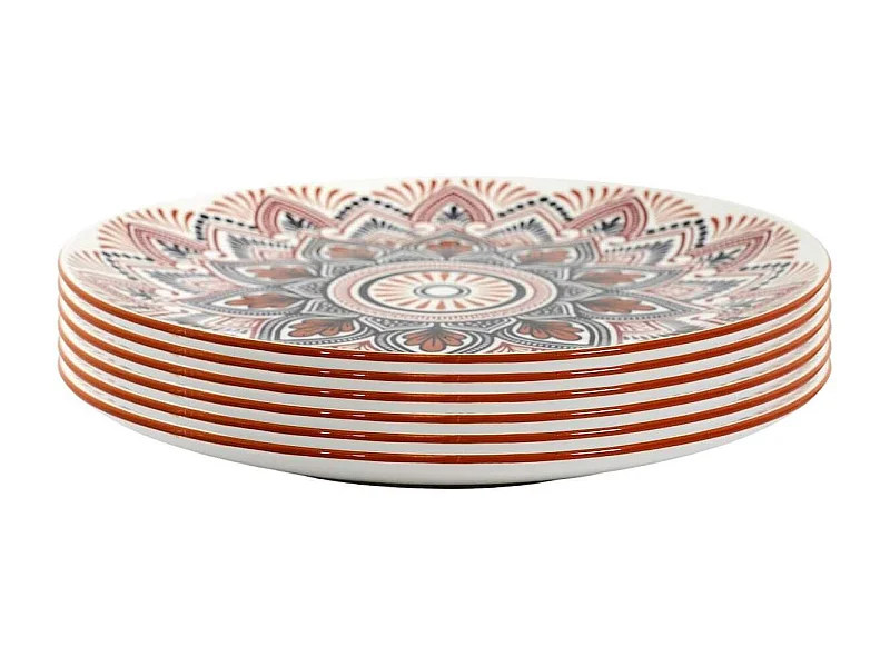 Set de 6 assiettes plates en porcelaine orange mandala (Ø26cm) - MANDALA