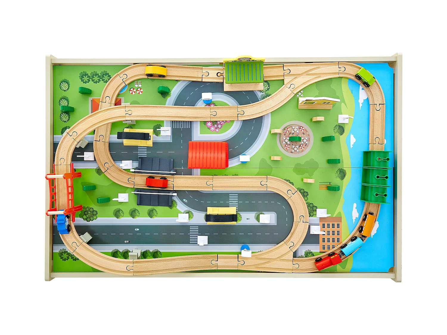 Table Circuit Train Bois SucceBuy, 84 PCS, avec Rail de Train, Table d'Activités 3 en 1 Double Face pour Jouer, Jouets Créatifs pour Enfants 3 Ans et Plus