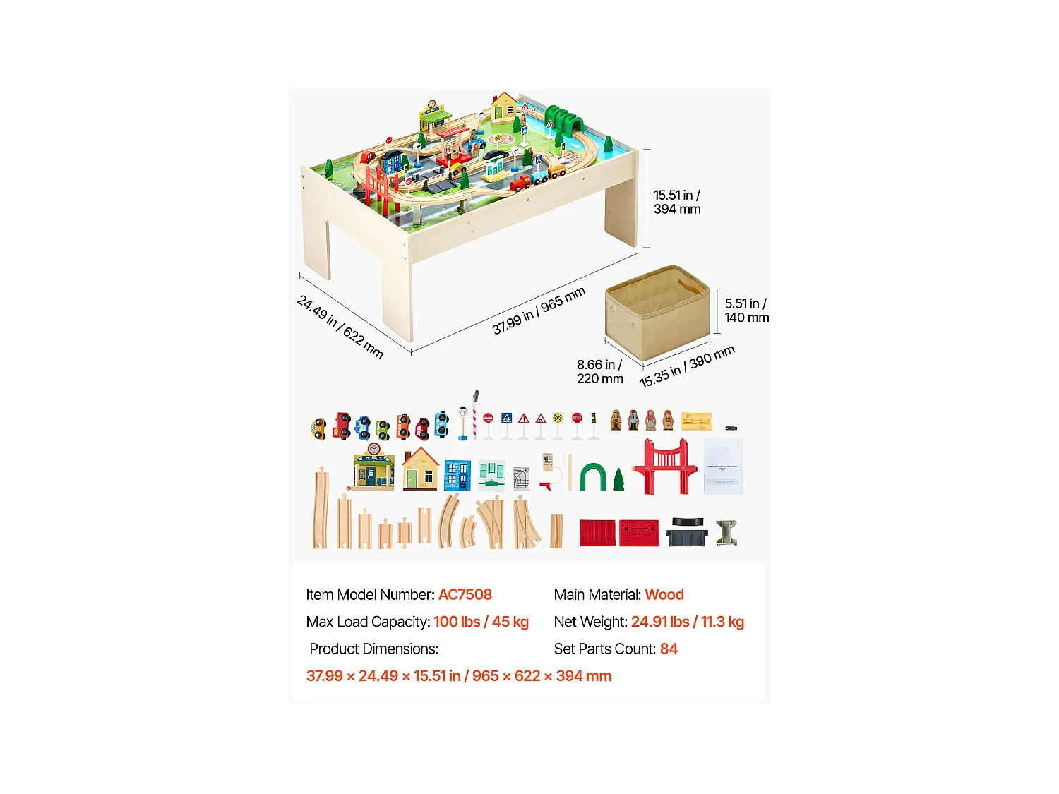 Table Circuit Train Bois SucceBuy, 84 PCS, avec Rail de Train, Table d'Activités 3 en 1 Double Face pour Jouer, Jouets Créatifs pour Enfants 3 Ans et Plus