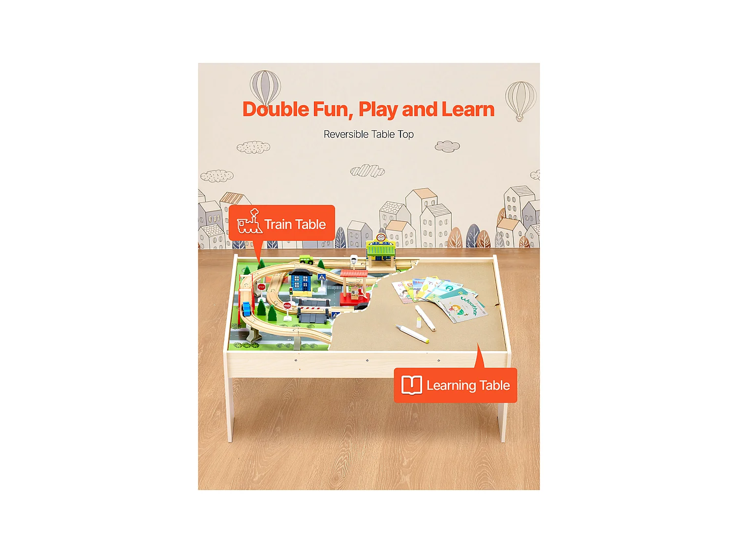 Table Circuit Train Bois SucceBuy, 84 PCS, avec Rail de Train, Table d'Activités 3 en 1 Double Face pour Jouer, Jouets Créatifs pour Enfants 3 Ans et Plus