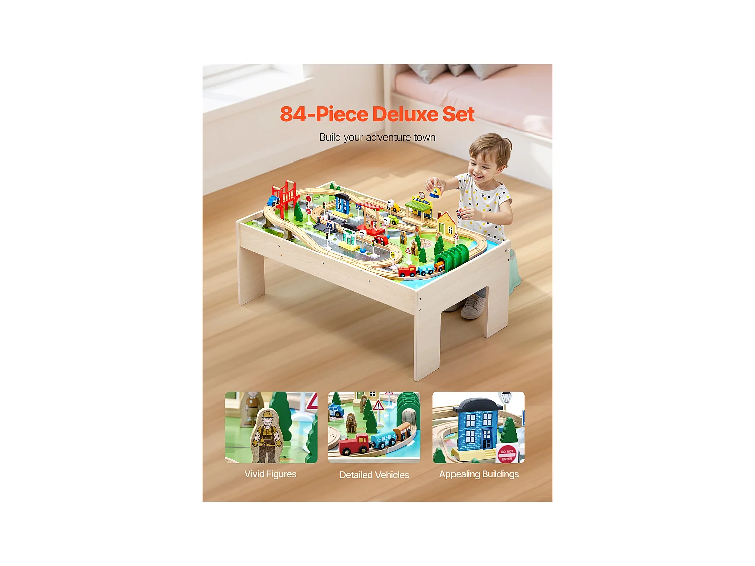 Table Circuit Train Bois SucceBuy, 84 PCS, avec Rail de Train, Table d'Activités 3 en 1 Double Face pour Jouer, Jouets Créatifs pour Enfants 3 Ans et Plus