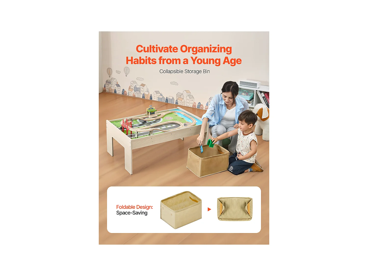 Table Circuit Train Bois SucceBuy, 84 PCS, avec Rail de Train, Table d'Activités 3 en 1 Double Face pour Jouer, Jouets Créatifs pour Enfants 3 Ans et Plus