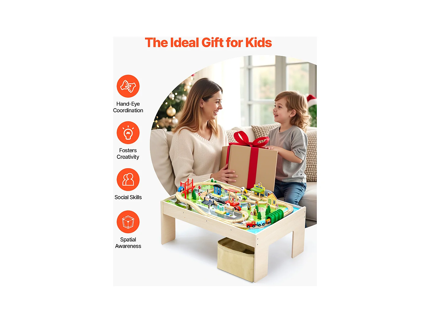 Table Circuit Train Bois SucceBuy, 84 PCS, avec Rail de Train, Table d'Activités 3 en 1 Double Face pour Jouer, Jouets Créatifs pour Enfants 3 Ans et Plus