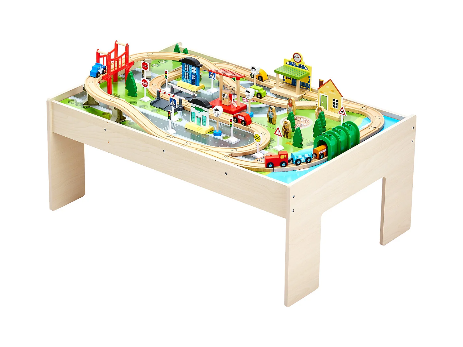 Table Circuit Train Bois SucceBuy, 84 PCS, avec Rail de Train, Table d'Activités 3 en 1 Double Face pour Jouer, Jouets Créatifs pour Enfants 3 Ans et Plus