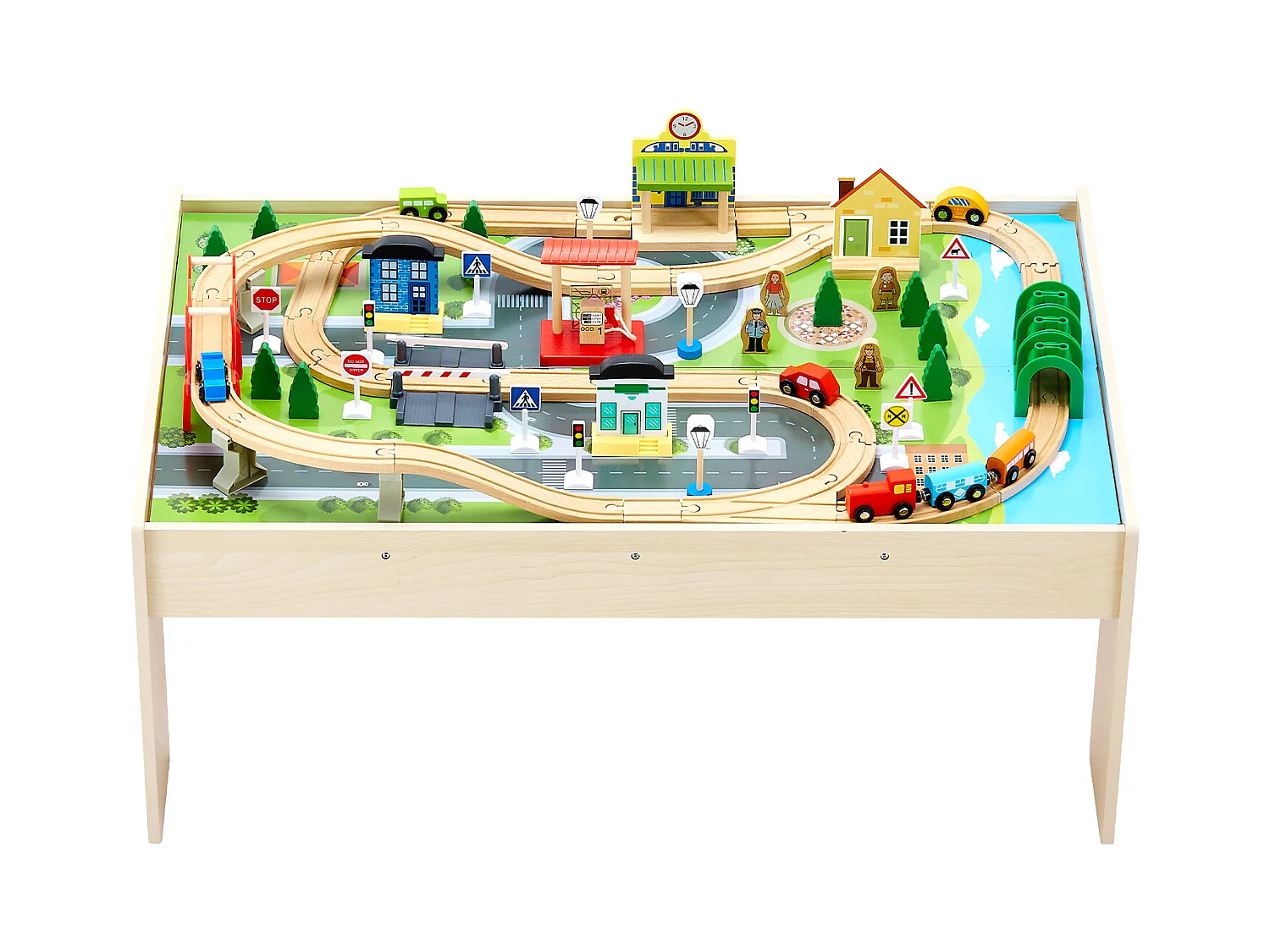 Table Circuit Train Bois SucceBuy, 84 PCS, avec Rail de Train, Table d'Activités 3 en 1 Double Face pour Jouer, Jouets Créatifs pour Enfants 3 Ans et Plus
