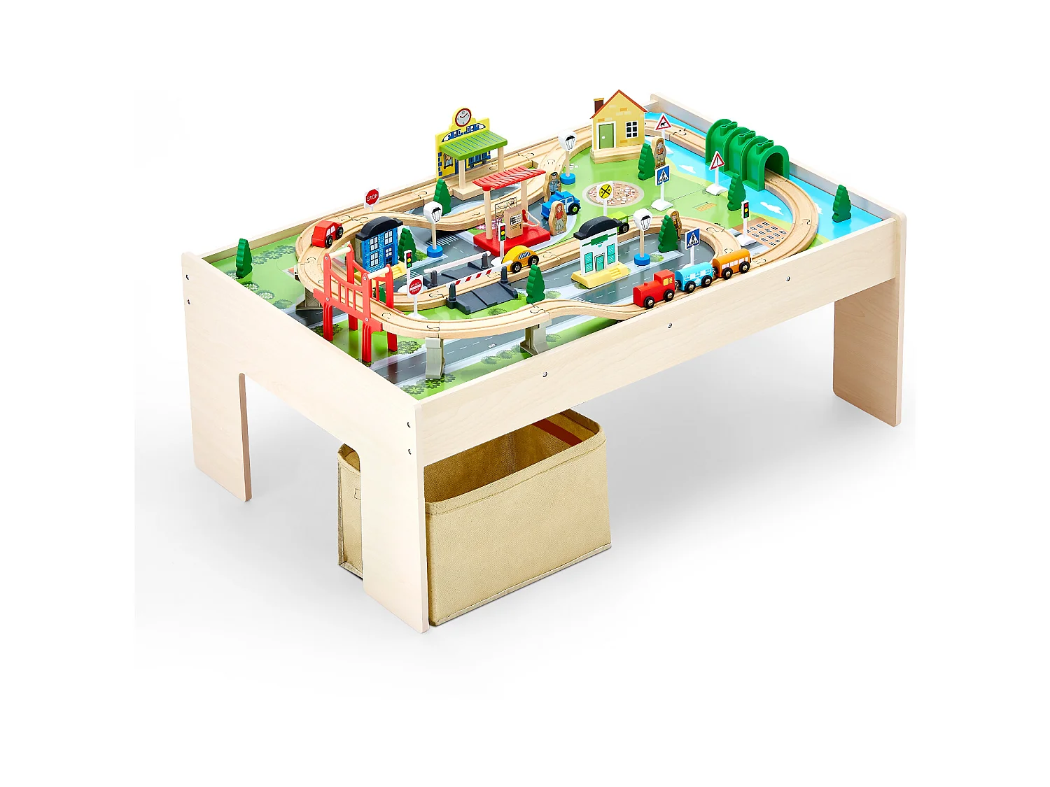 Table Circuit Train Bois SucceBuy, 84 PCS, avec Rail de Train, Table d'Activités 3 en 1 Double Face pour Jouer, Jouets Créatifs pour Enfants 3 Ans et Plus