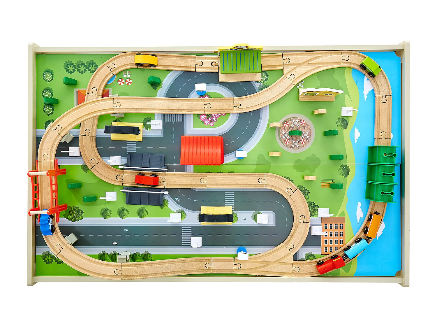 Holzzug-Spieltisch SucceBuy, 84 Teile, mit Eisenbahnschienen, Doppelseitiger 3-in-1-Aktivitätstisch zum Spielen, Kreatives Spielzeug für Kinder ab 3 Jahren
