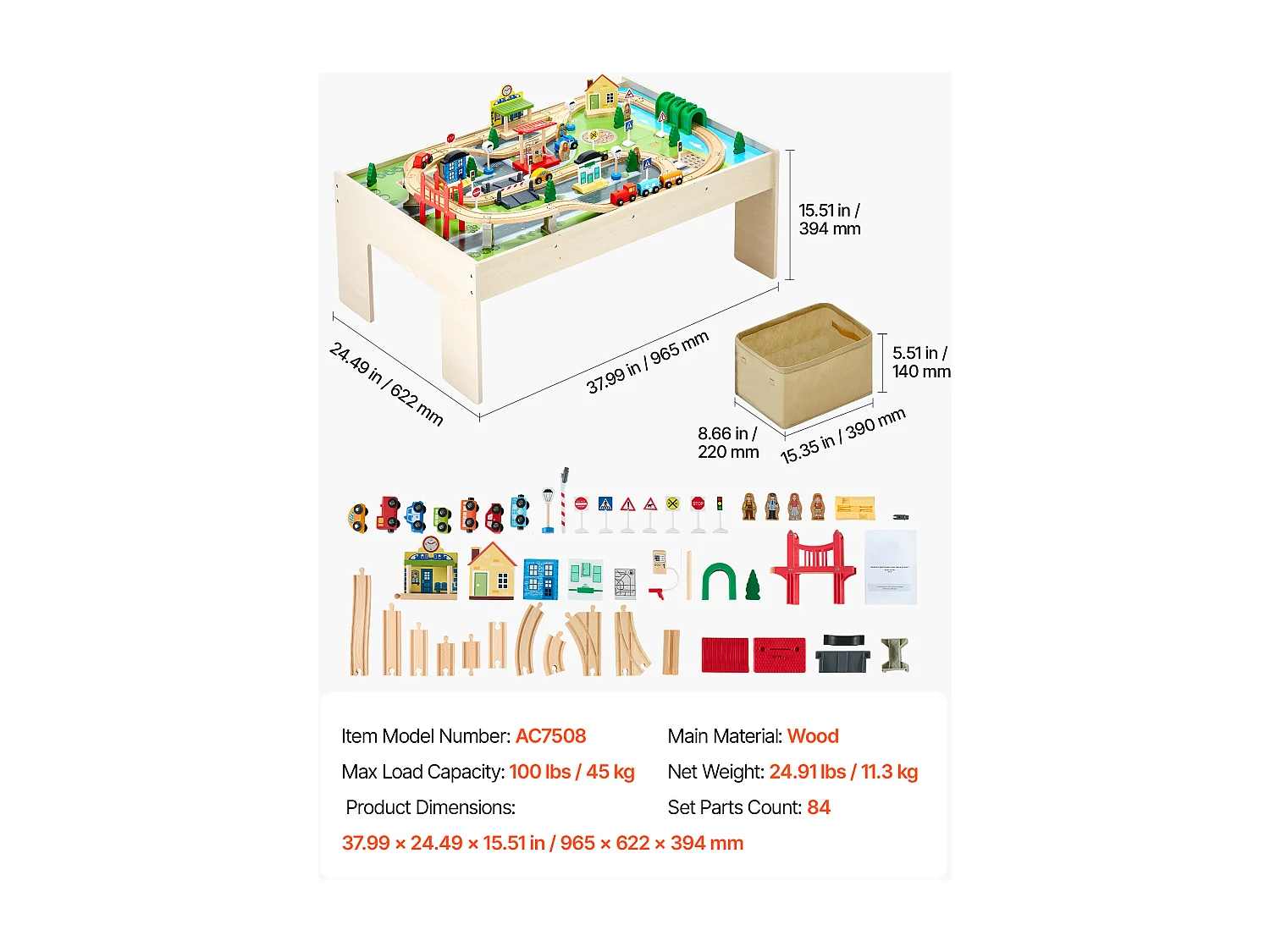 Holzzug-Spieltisch SucceBuy, 84 Teile, mit Eisenbahnschienen, Doppelseitiger 3-in-1-Aktivitätstisch zum Spielen, Kreatives Spielzeug für Kinder ab 3 Jahren