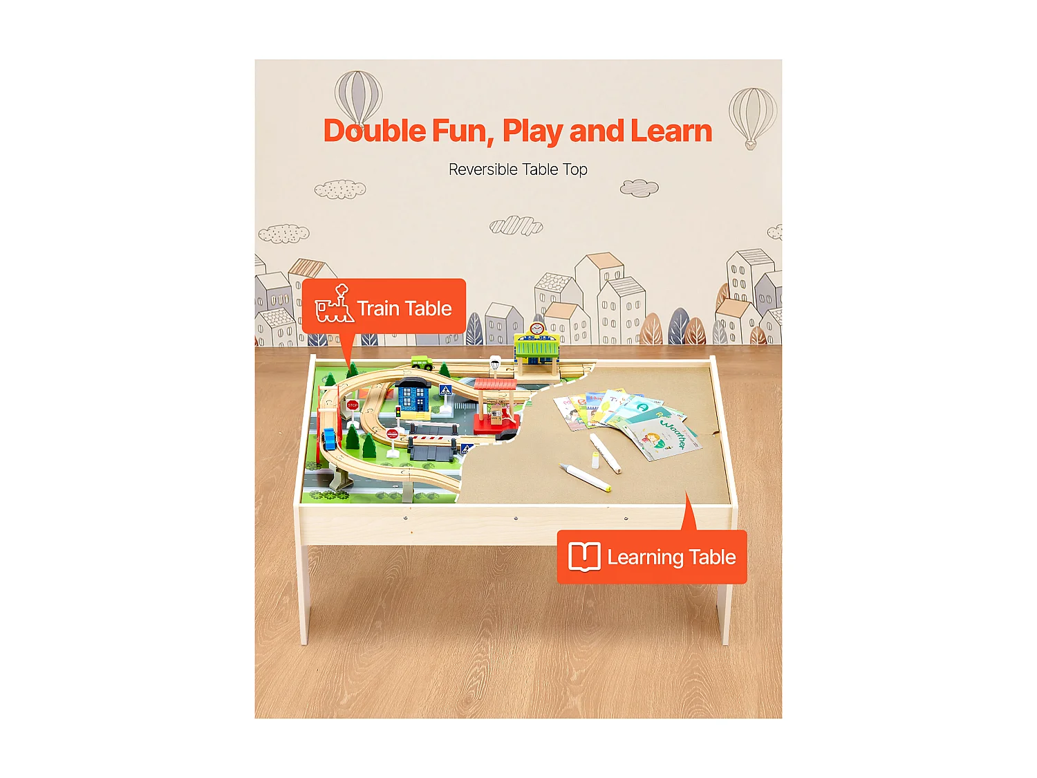 Holzzug-Spieltisch SucceBuy, 84 Teile, mit Eisenbahnschienen, Doppelseitiger 3-in-1-Aktivitätstisch zum Spielen, Kreatives Spielzeug für Kinder ab 3 Jahren