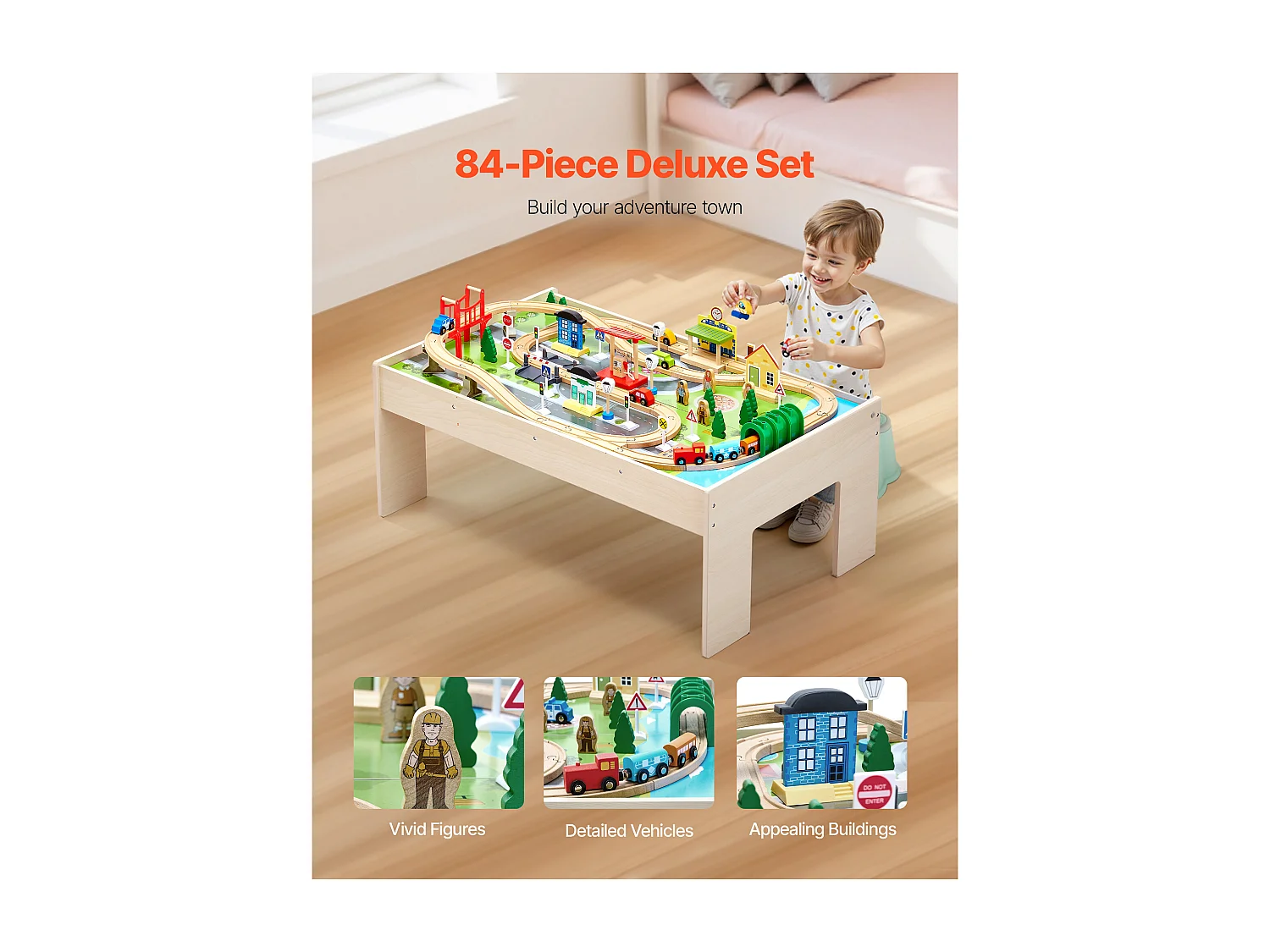 Holzzug-Spieltisch SucceBuy, 84 Teile, mit Eisenbahnschienen, Doppelseitiger 3-in-1-Aktivitätstisch zum Spielen, Kreatives Spielzeug für Kinder ab 3 Jahren