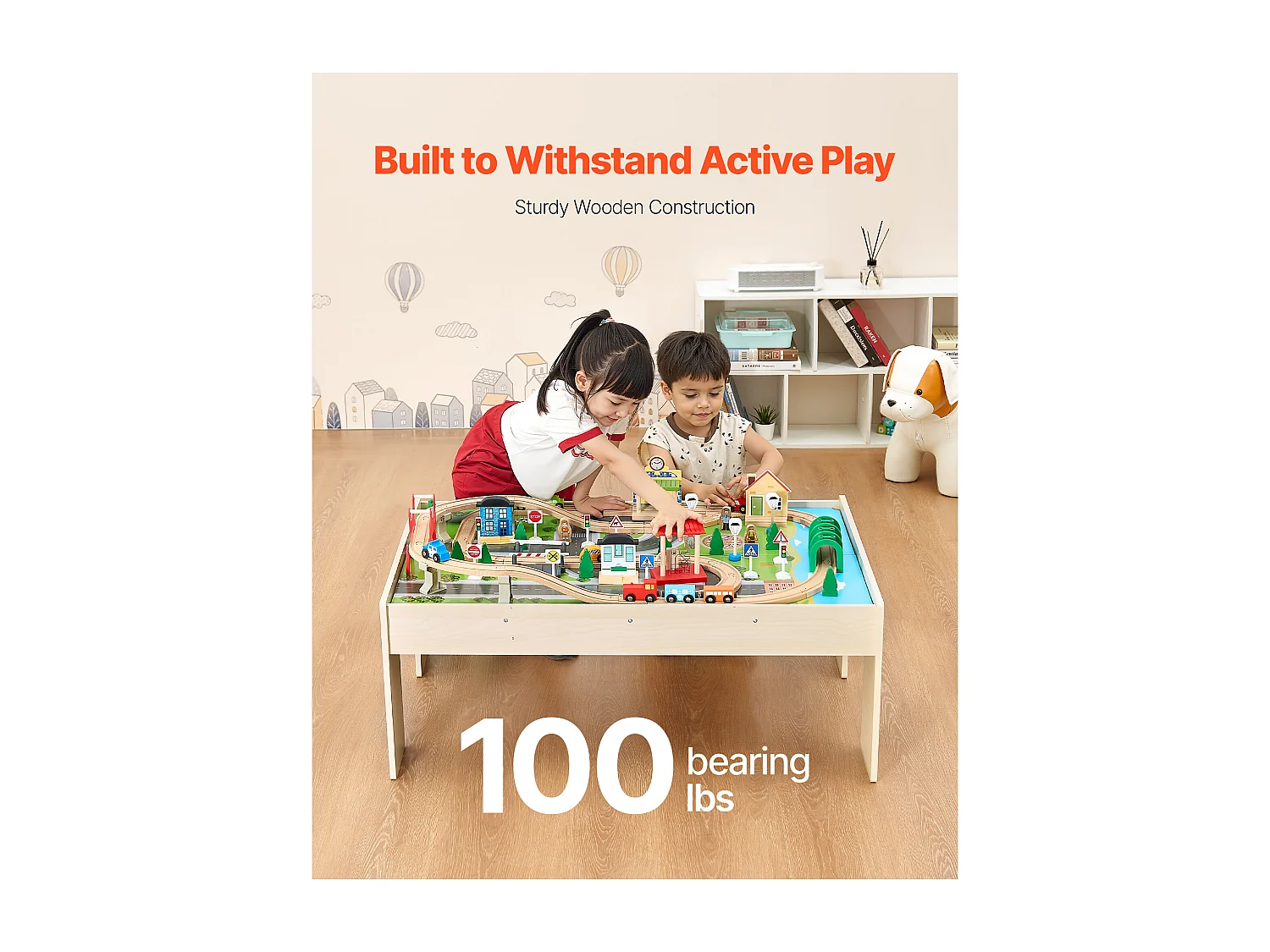 Holzzug-Spieltisch SucceBuy, 84 Teile, mit Eisenbahnschienen, Doppelseitiger 3-in-1-Aktivitätstisch zum Spielen, Kreatives Spielzeug für Kinder ab 3 Jahren