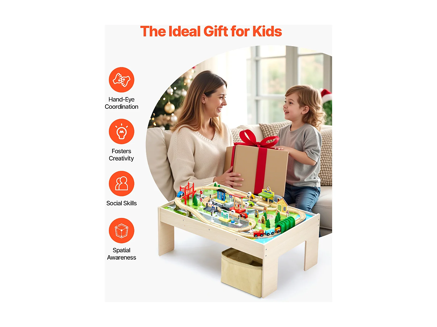 Holzzug-Spieltisch SucceBuy, 84 Teile, mit Eisenbahnschienen, Doppelseitiger 3-in-1-Aktivitätstisch zum Spielen, Kreatives Spielzeug für Kinder ab 3 Jahren