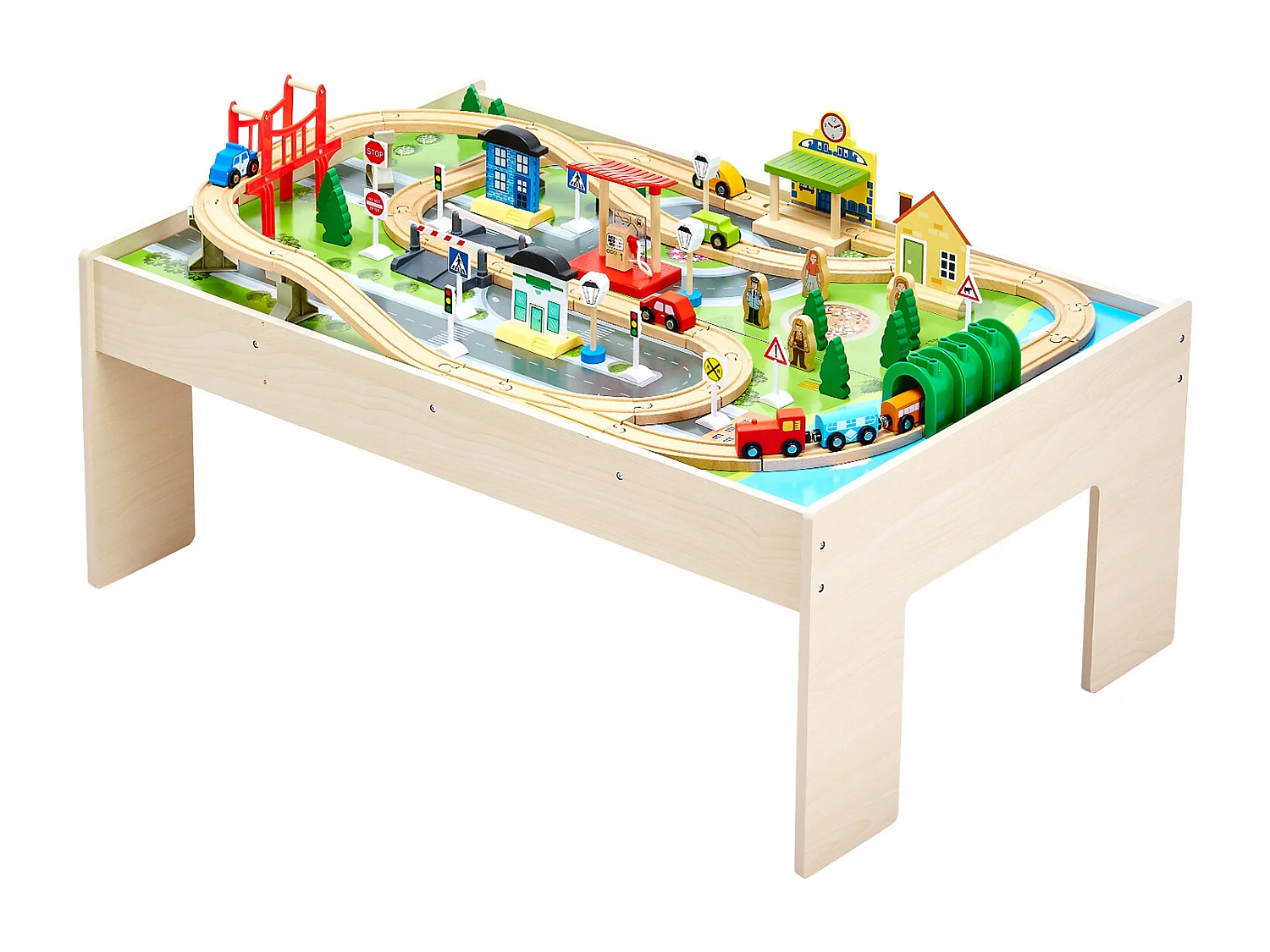 Holzzug-Spieltisch SucceBuy, 84 Teile, mit Eisenbahnschienen, Doppelseitiger 3-in-1-Aktivitätstisch zum Spielen, Kreatives Spielzeug für Kinder ab 3 Jahren