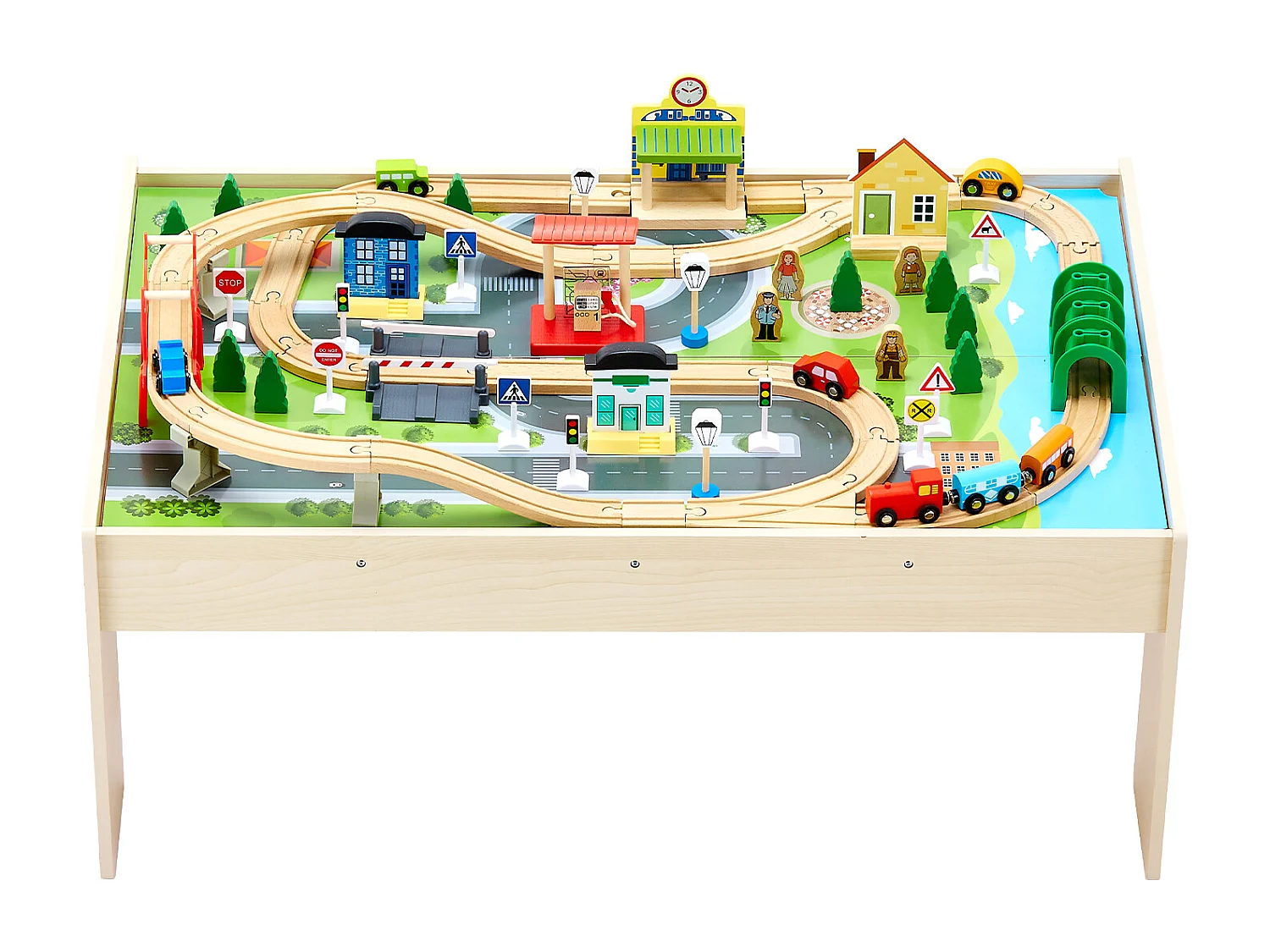 Holzzug-Spieltisch SucceBuy, 84 Teile, mit Eisenbahnschienen, Doppelseitiger 3-in-1-Aktivitätstisch zum Spielen, Kreatives Spielzeug für Kinder ab 3 Jahren