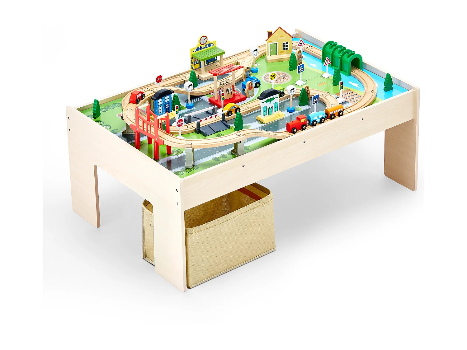 Holzzug-Spieltisch SucceBuy, 84 Teile, mit Eisenbahnschienen, Doppelseitiger 3-in-1-Aktivitätstisch zum Spielen, Kreatives Spielzeug für Kinder ab 3 Jahren
