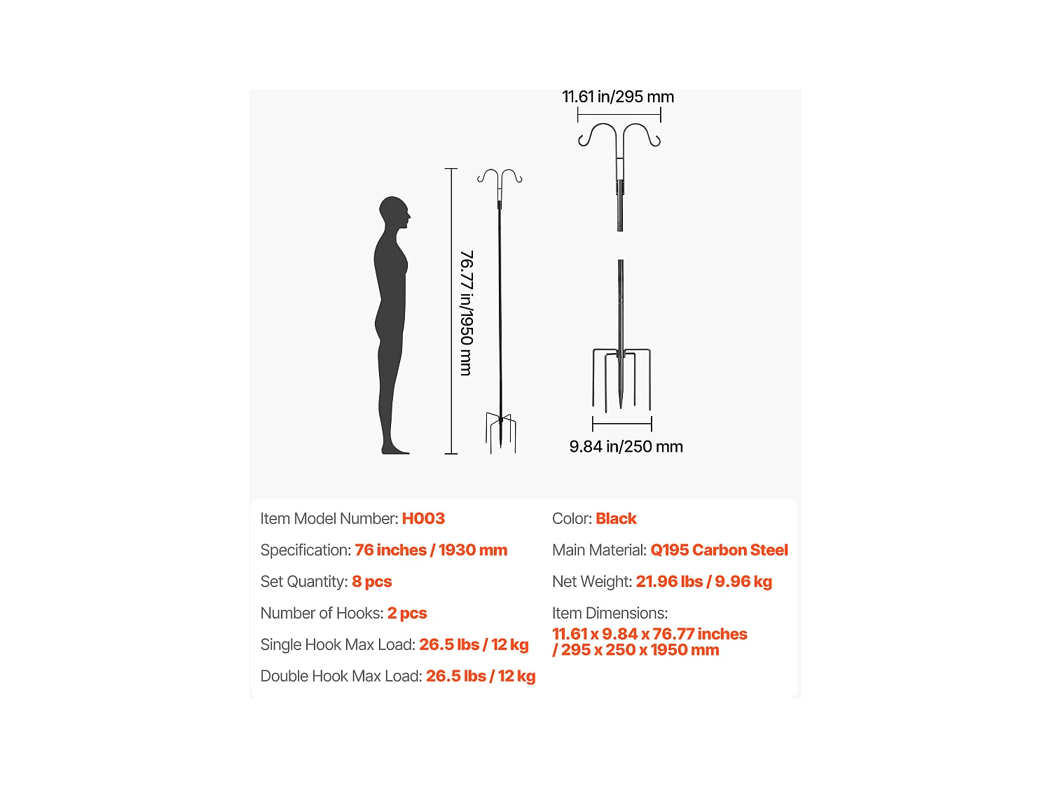 Crochet de Berger SucceBuy, Crochets de Berger de 195 cm, Crochets Doubles de Jardin pour Poteau de Lanterne, Crochets de 1,9 cm D'Épaisseur