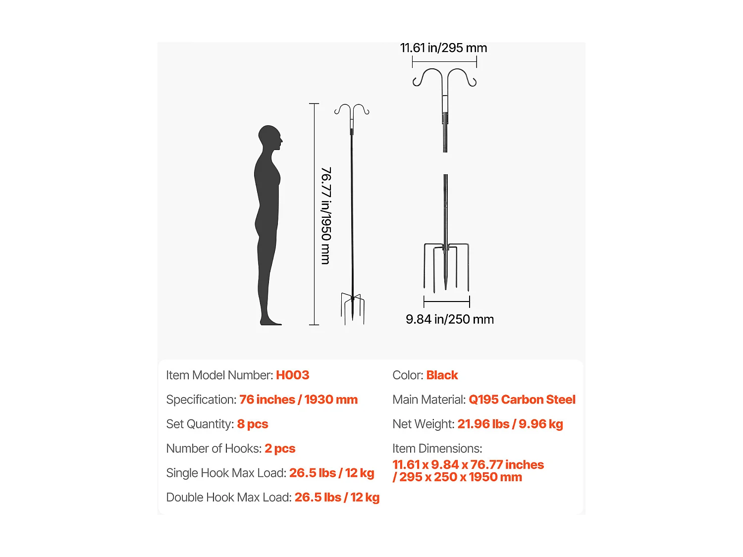 Crochet de Berger SucceBuy, Crochets de Berger de 195 cm, Crochets Doubles de Jardin pour Poteau de Lanterne, Crochets de 1,9 cm D'Épaisseur