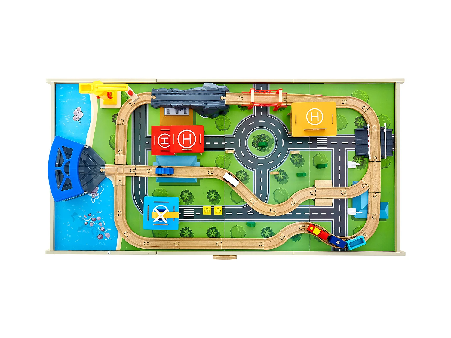 Table Circuit Train Bois SucceBuy, 62 PCS, avec Rail de Train, Table d'Activités 3 en 1 Double Face pour Jouer, Jouets Créatifs pour Enfants 3 Ans et Plus