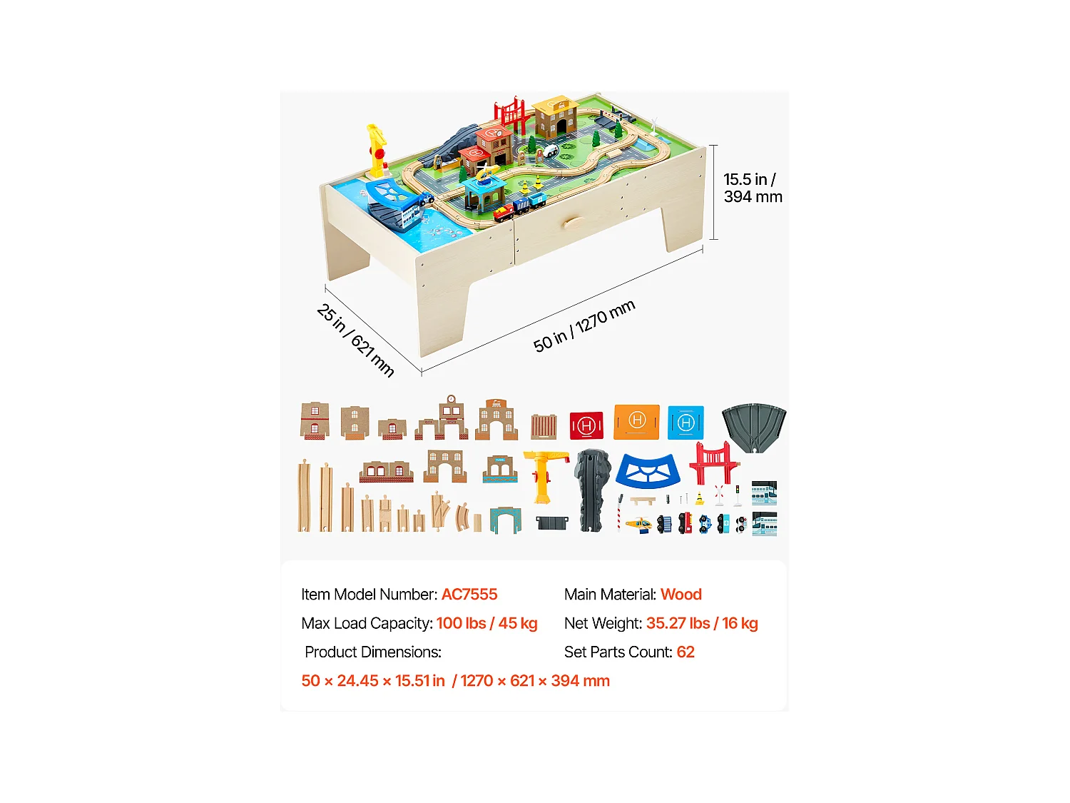 Table Circuit Train Bois SucceBuy, 62 PCS, avec Rail de Train, Table d'Activités 3 en 1 Double Face pour Jouer, Jouets Créatifs pour Enfants 3 Ans et Plus