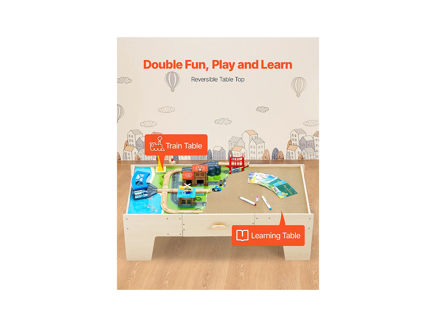 Table Circuit Train Bois SucceBuy, 62 PCS, avec Rail de Train, Table d'Activités 3 en 1 Double Face pour Jouer, Jouets Créatifs pour Enfants 3 Ans et Plus