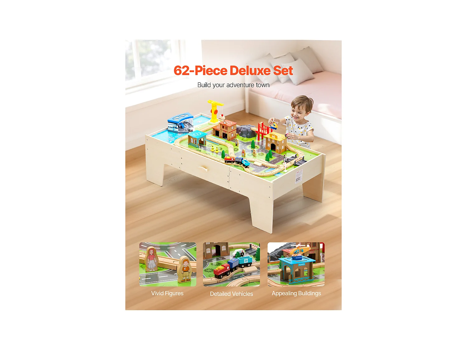 Table Circuit Train Bois SucceBuy, 62 PCS, avec Rail de Train, Table d'Activités 3 en 1 Double Face pour Jouer, Jouets Créatifs pour Enfants 3 Ans et Plus