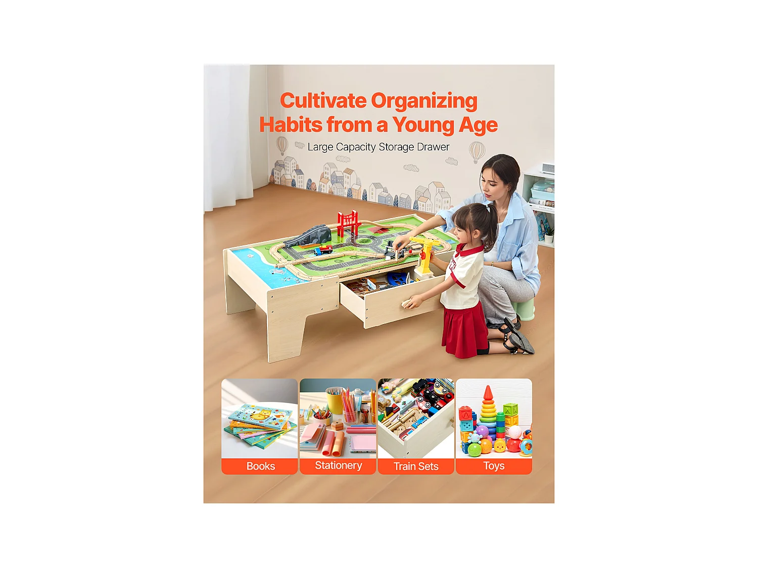 Table Circuit Train Bois SucceBuy, 62 PCS, avec Rail de Train, Table d'Activités 3 en 1 Double Face pour Jouer, Jouets Créatifs pour Enfants 3 Ans et Plus