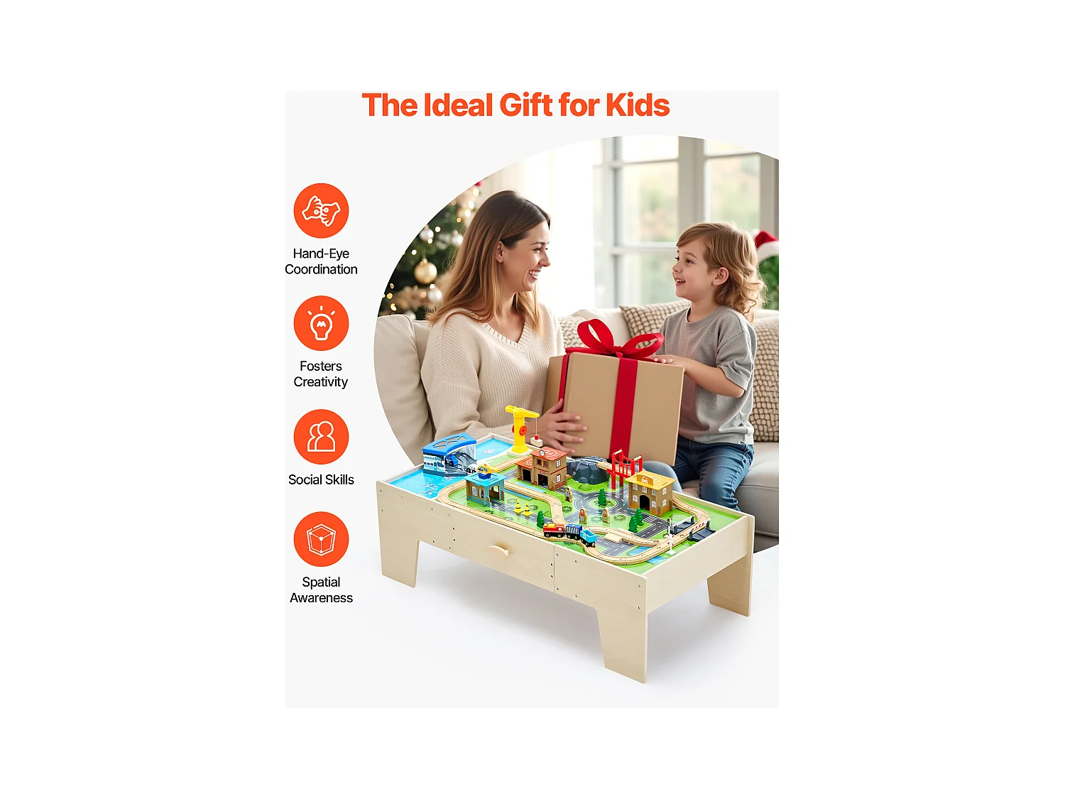 Table Circuit Train Bois SucceBuy, 62 PCS, avec Rail de Train, Table d'Activités 3 en 1 Double Face pour Jouer, Jouets Créatifs pour Enfants 3 Ans et Plus