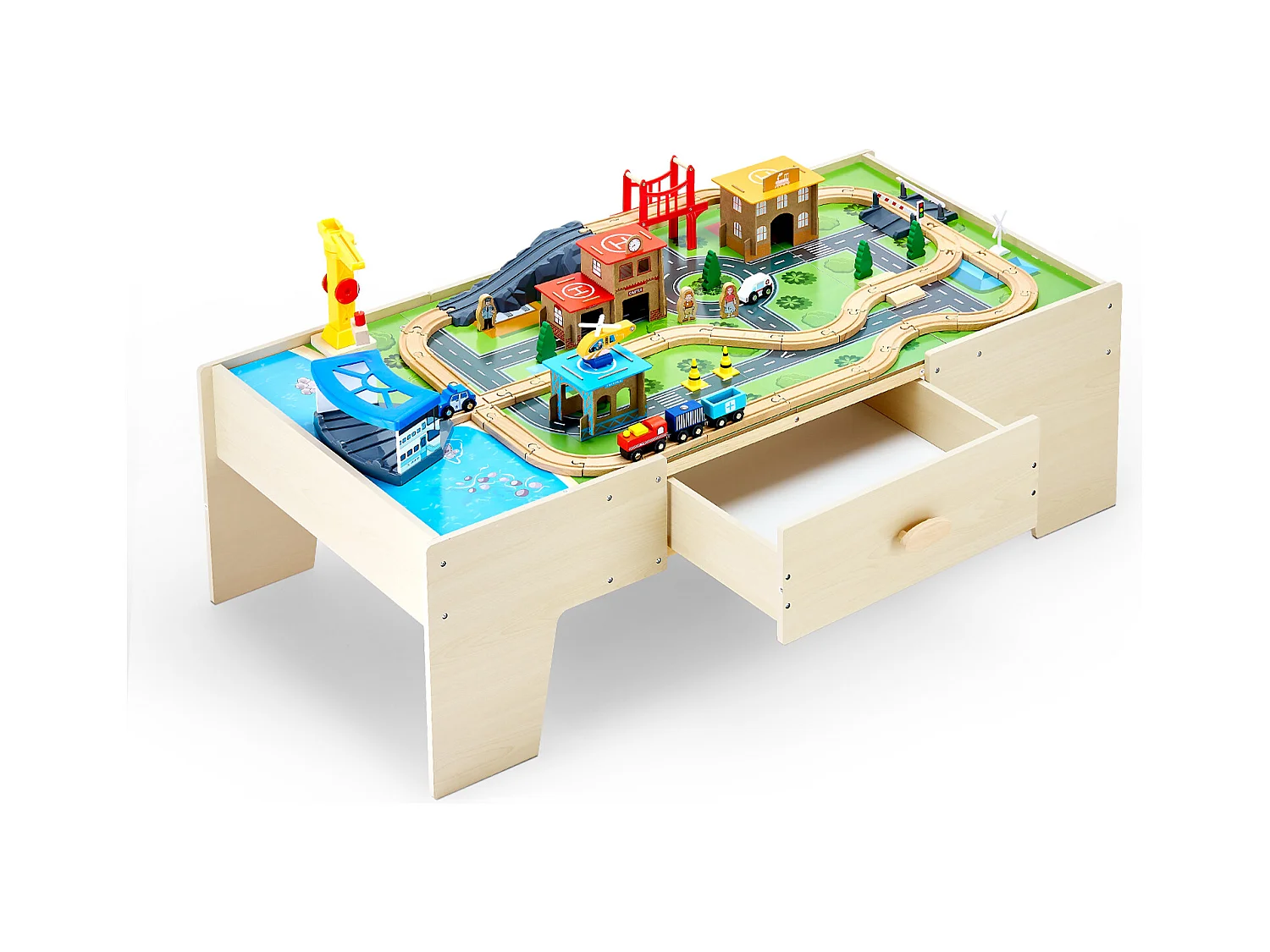 Table Circuit Train Bois SucceBuy, 62 PCS, avec Rail de Train, Table d'Activités 3 en 1 Double Face pour Jouer, Jouets Créatifs pour Enfants 3 Ans et Plus