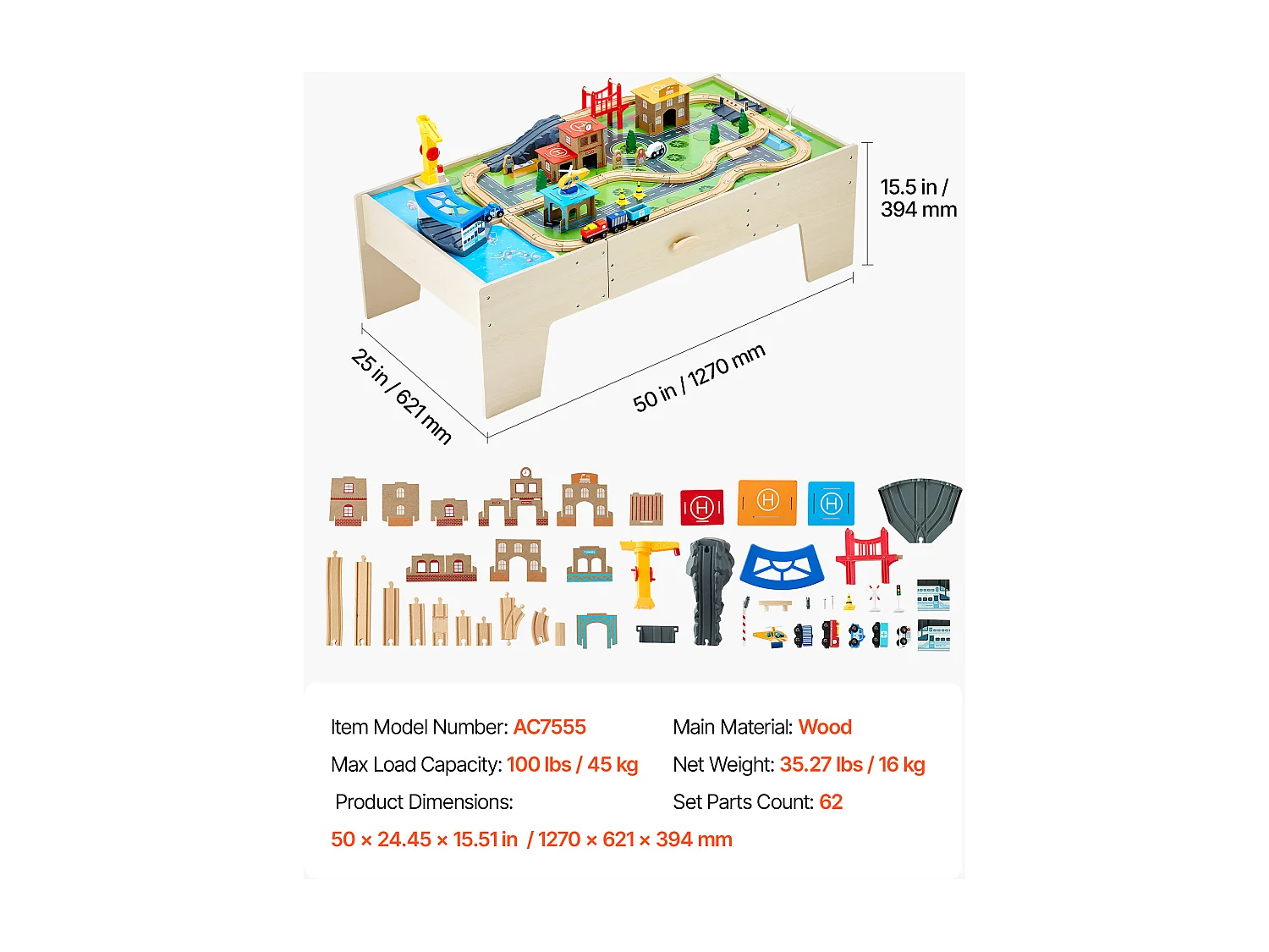 Mesa con Circuito de Tren de Madera SucceBuy, 62 Piezas, Mesa de Actividades 3 en 1 de Doble Cara para Jugar, Juguetes Creativos para Niños a Partir de 3 Años