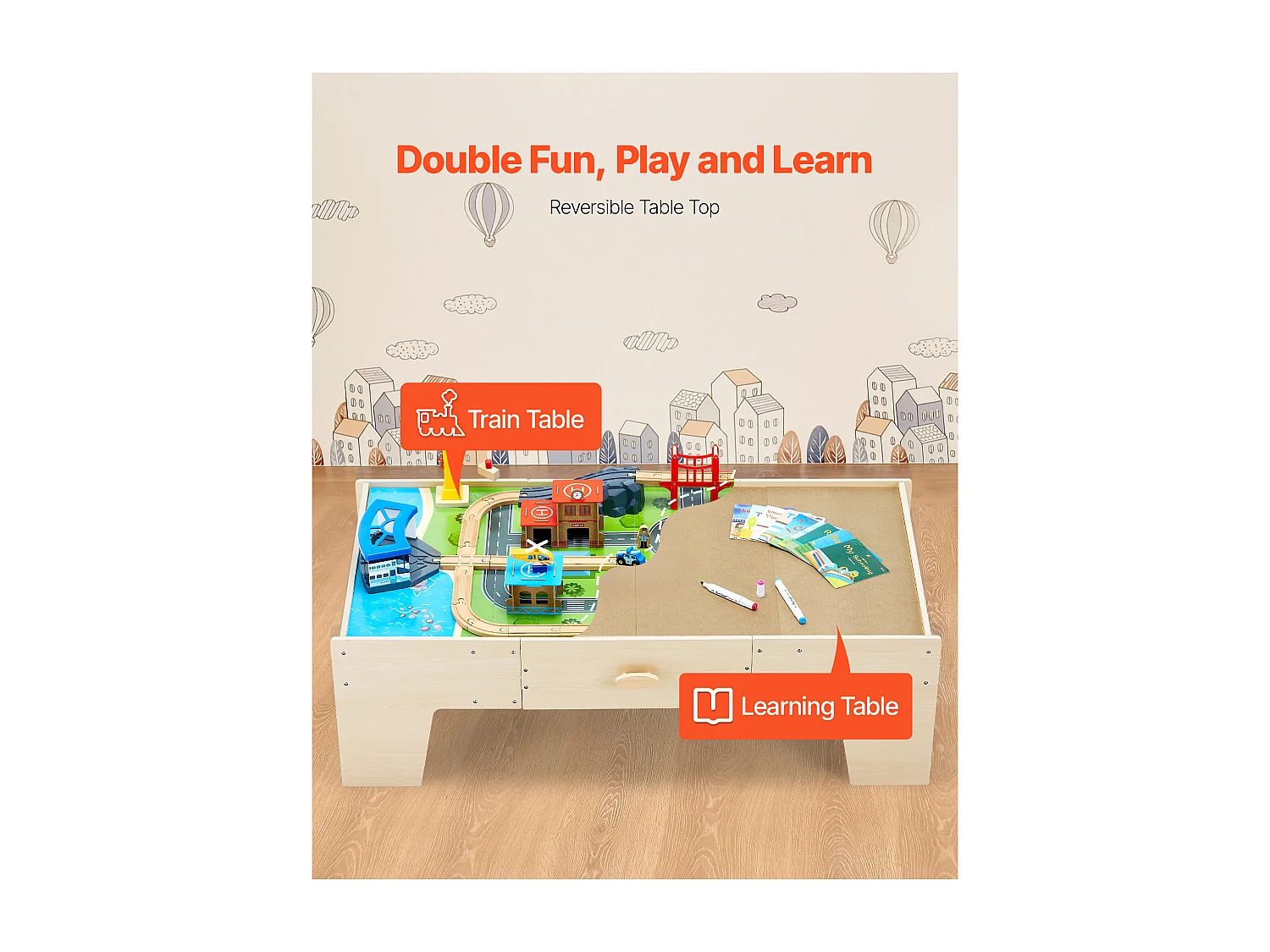 Mesa con Circuito de Tren de Madera SucceBuy, 62 Piezas, Mesa de Actividades 3 en 1 de Doble Cara para Jugar, Juguetes Creativos para Niños a Partir de 3 Años