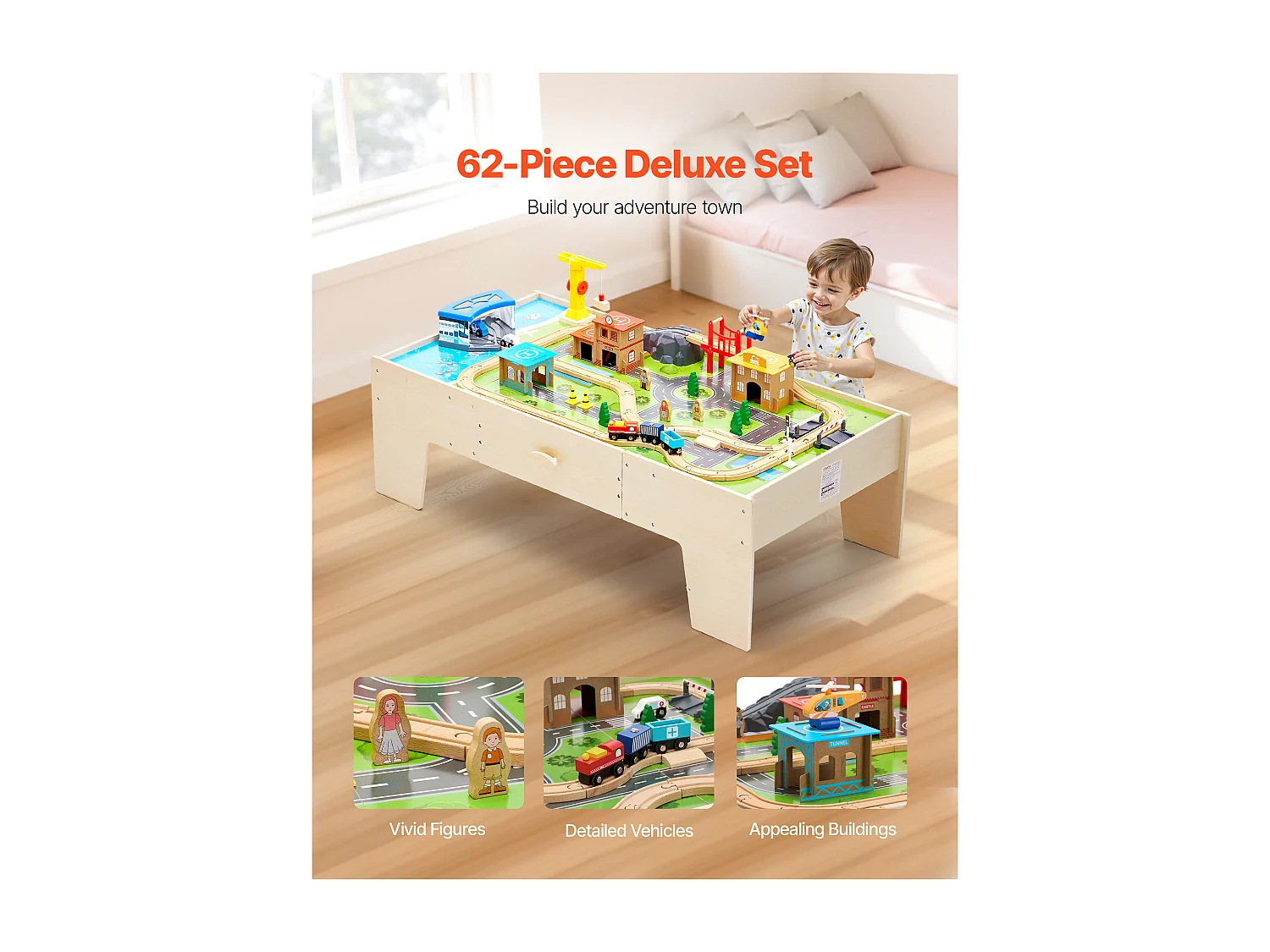 Mesa con Circuito de Tren de Madera SucceBuy, 62 Piezas, Mesa de Actividades 3 en 1 de Doble Cara para Jugar, Juguetes Creativos para Niños a Partir de 3 Años