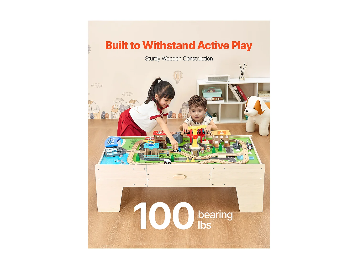 Mesa con Circuito de Tren de Madera SucceBuy, 62 Piezas, Mesa de Actividades 3 en 1 de Doble Cara para Jugar, Juguetes Creativos para Niños a Partir de 3 Años