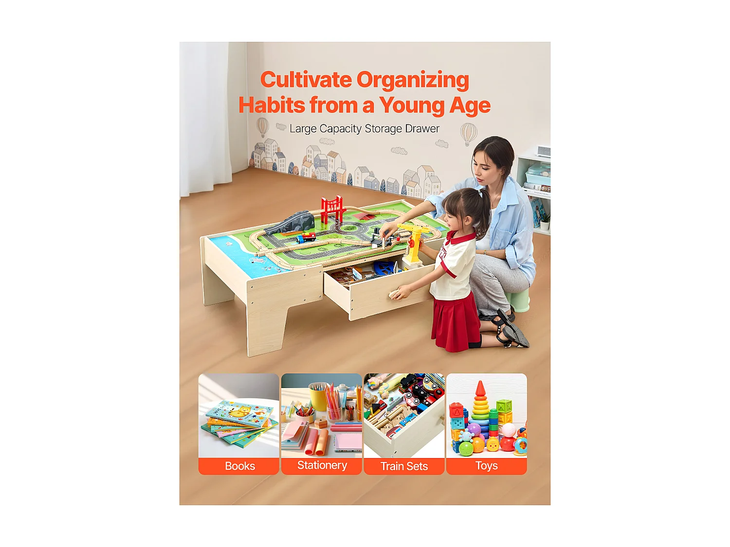 Mesa con Circuito de Tren de Madera SucceBuy, 62 Piezas, Mesa de Actividades 3 en 1 de Doble Cara para Jugar, Juguetes Creativos para Niños a Partir de 3 Años