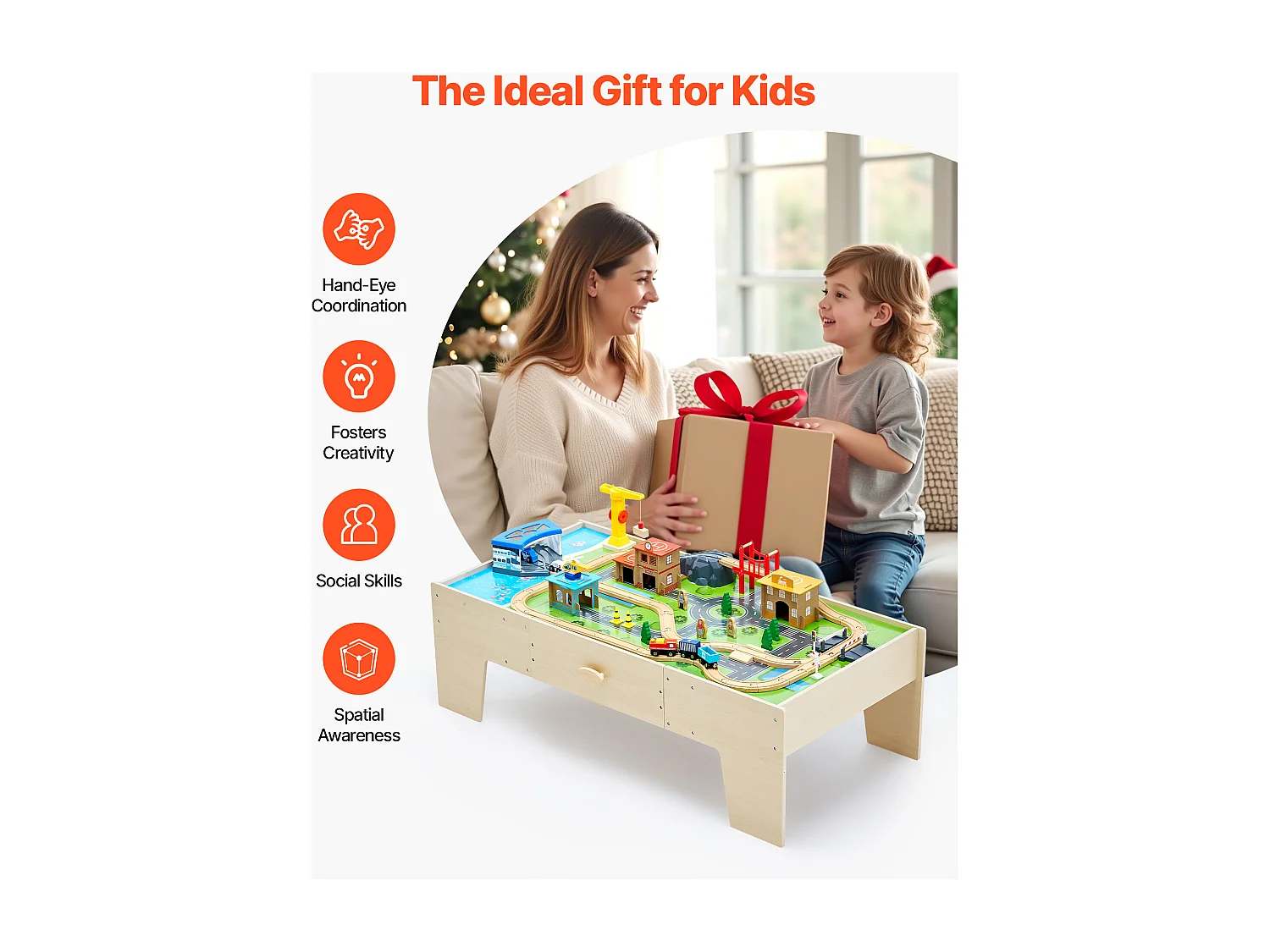 Mesa con Circuito de Tren de Madera SucceBuy, 62 Piezas, Mesa de Actividades 3 en 1 de Doble Cara para Jugar, Juguetes Creativos para Niños a Partir de 3 Años