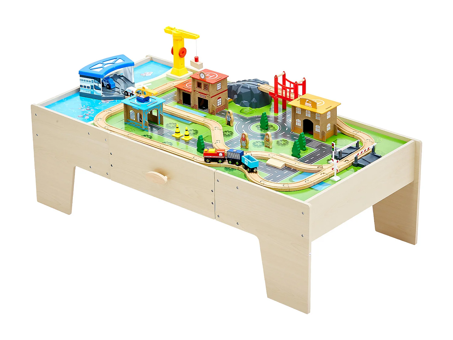 Mesa con Circuito de Tren de Madera SucceBuy, 62 Piezas, Mesa de Actividades 3 en 1 de Doble Cara para Jugar, Juguetes Creativos para Niños a Partir de 3 Años