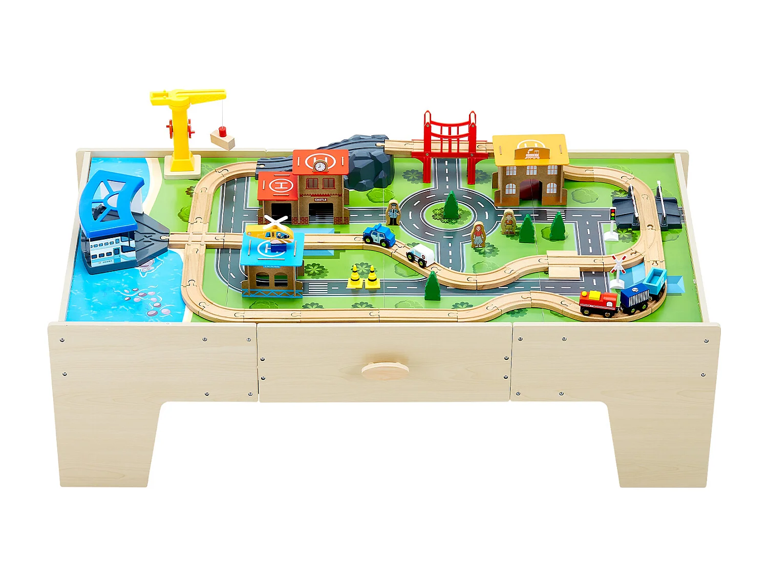 Mesa con Circuito de Tren de Madera SucceBuy, 62 Piezas, Mesa de Actividades 3 en 1 de Doble Cara para Jugar, Juguetes Creativos para Niños a Partir de 3 Años
