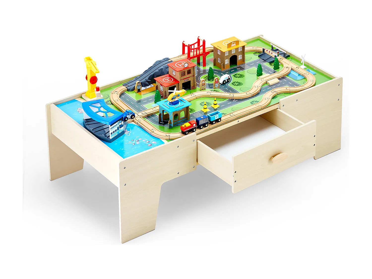 Mesa con Circuito de Tren de Madera SucceBuy, 62 Piezas, Mesa de Actividades 3 en 1 de Doble Cara para Jugar, Juguetes Creativos para Niños a Partir de 3 Años