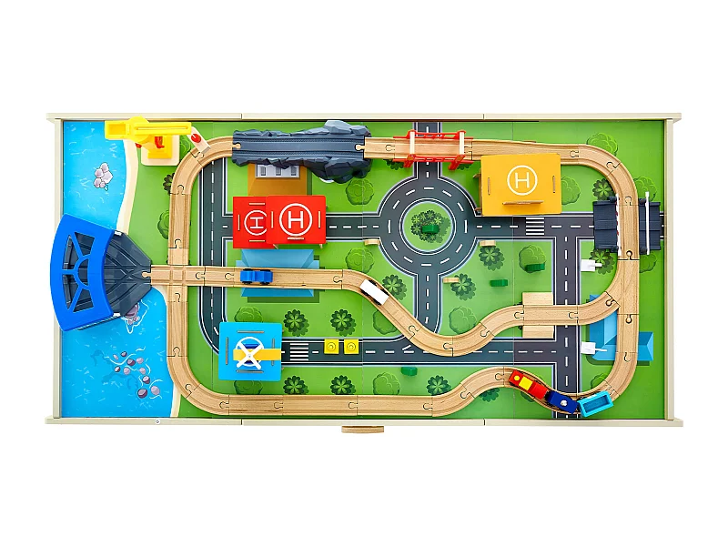 Table Circuit Train Bois SucceBuy, 62 PCS, avec Rail de Train, Table d'Activités 3 en 1 Double Face pour Jouer, Jouets Créatifs pour Enfants 3 Ans et Plus