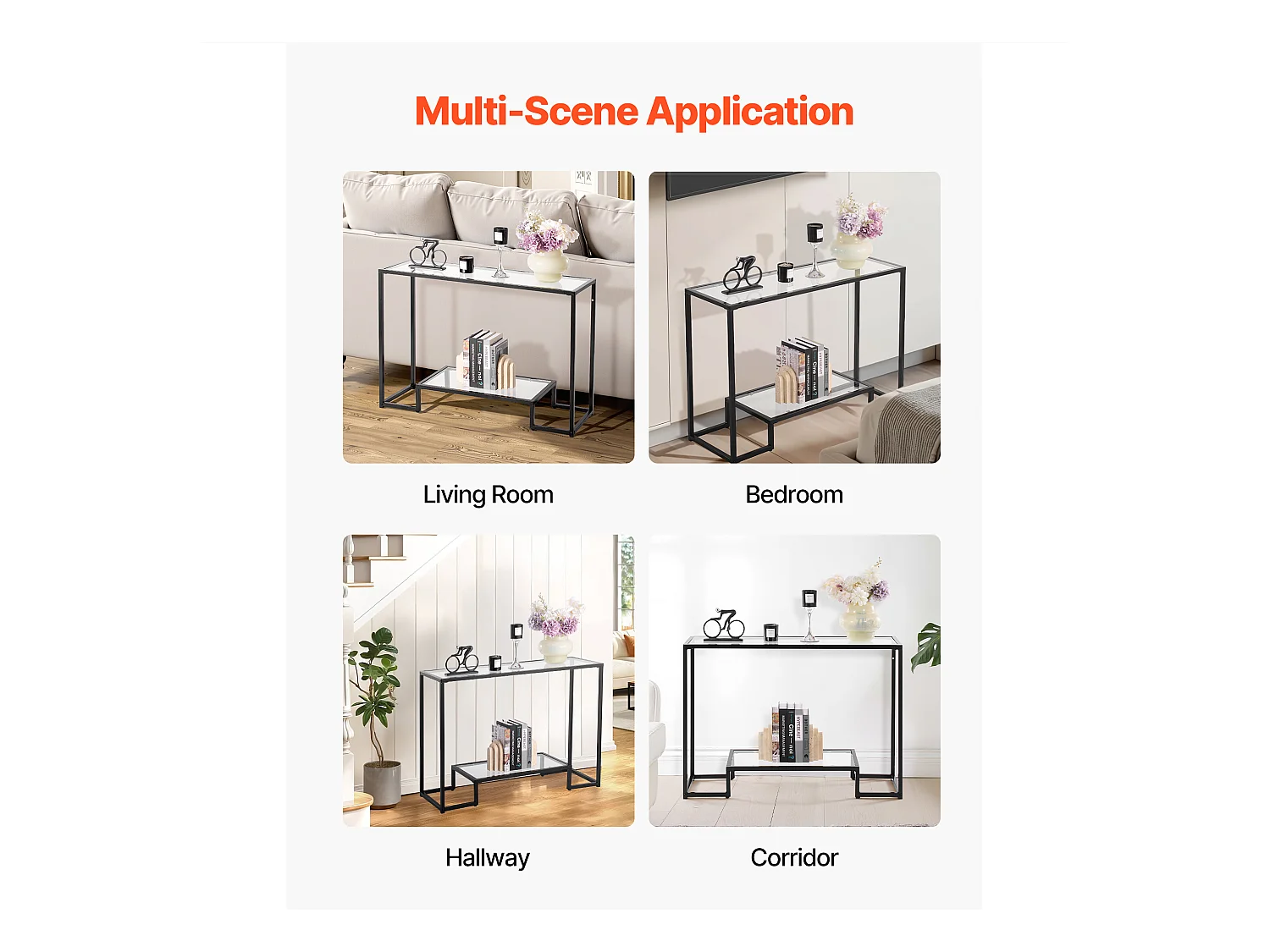 Table Console en Verre SucceBuy 2 Niveaux, Rectangulaire Moderne, Bout de Canapé avec Plateau en Verre Trempé, Pieds en Fer et Dispositif Anti-basculement, Noir