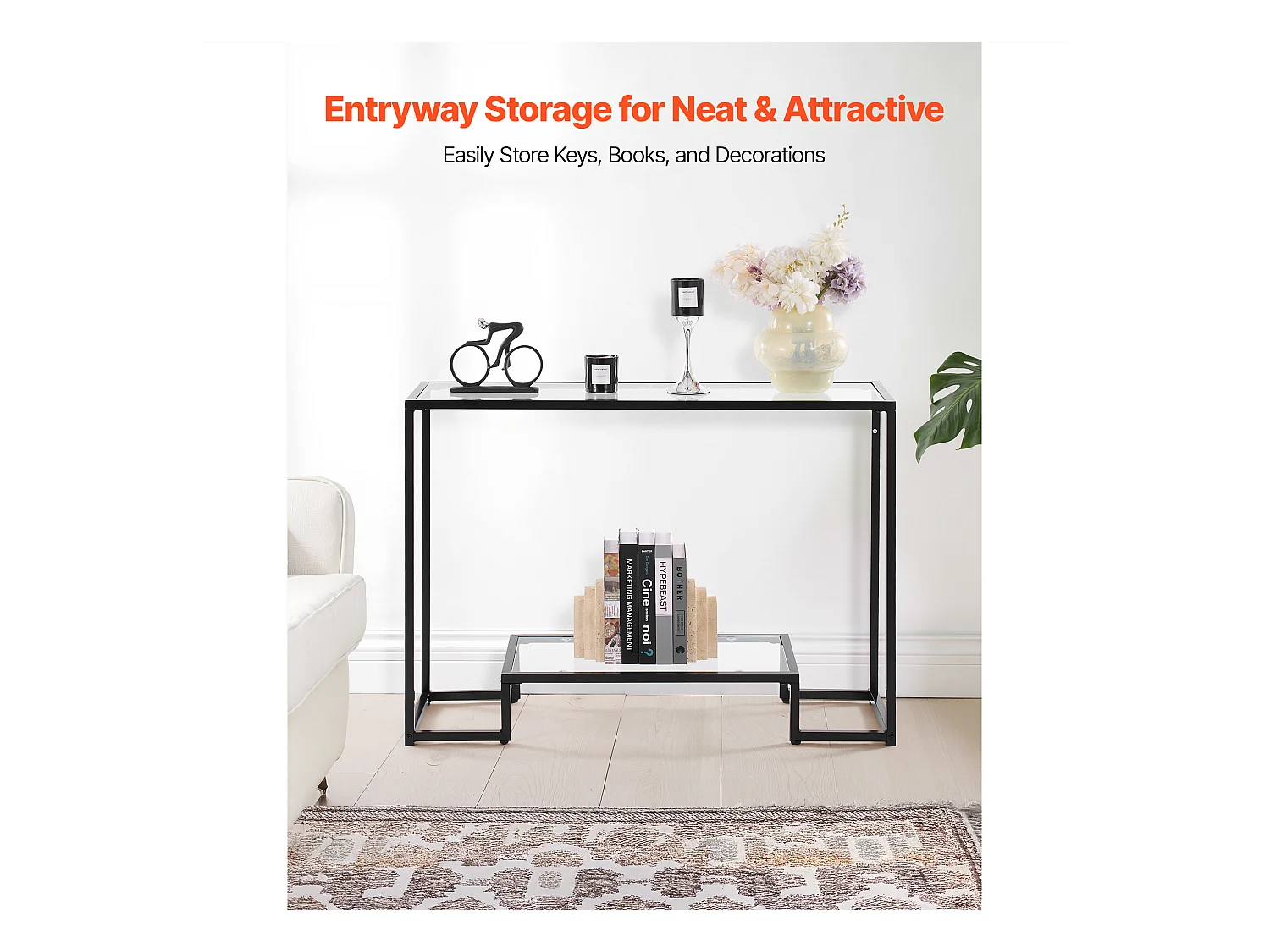 Table Console en Verre SucceBuy 2 Niveaux, Rectangulaire Moderne, Bout de Canapé avec Plateau en Verre Trempé, Pieds en Fer et Dispositif Anti-basculement, Noir