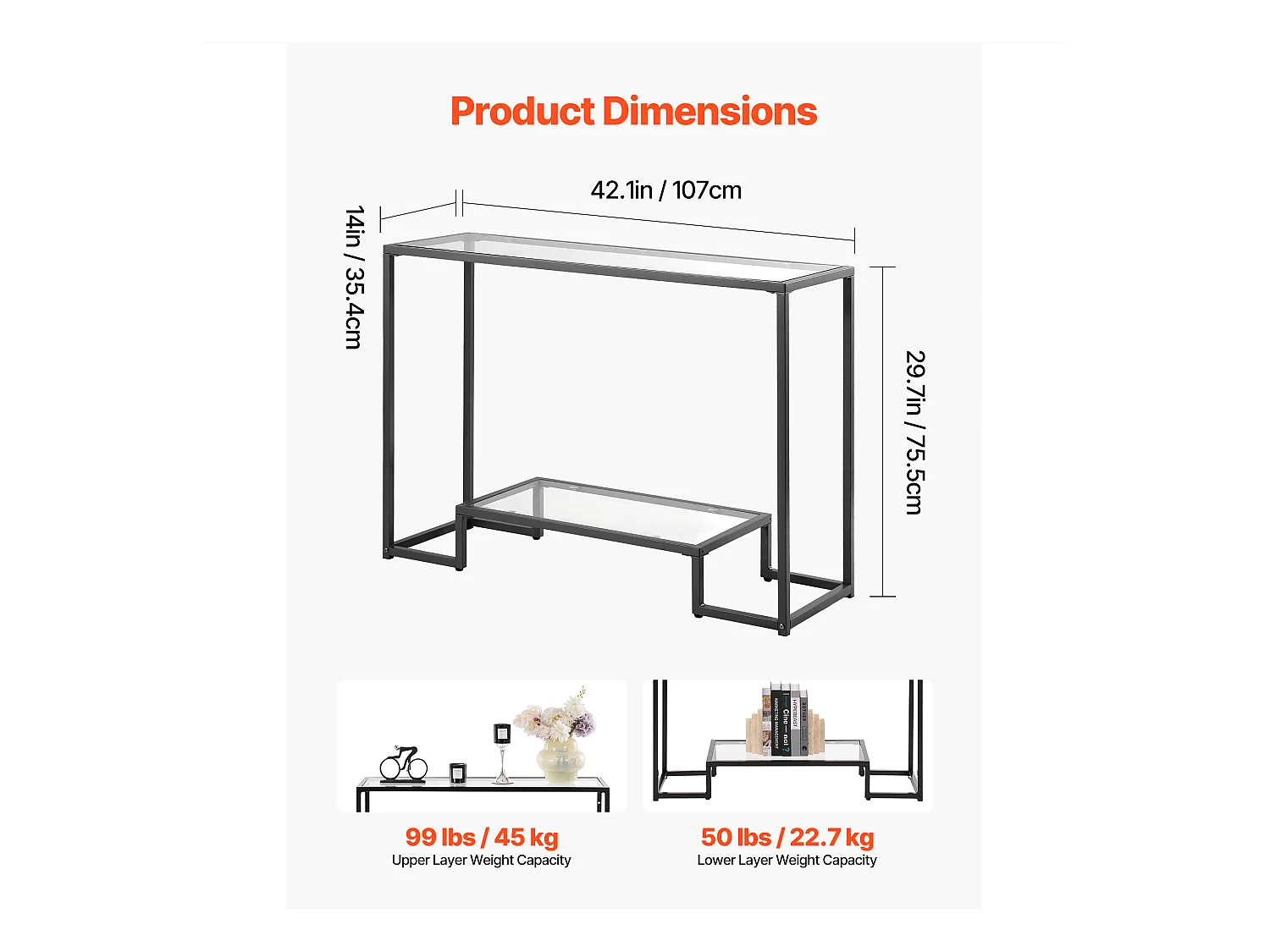 Table Console en Verre SucceBuy 2 Niveaux, Rectangulaire Moderne, Bout de Canapé avec Plateau en Verre Trempé, Pieds en Fer et Dispositif Anti-basculement, Noir