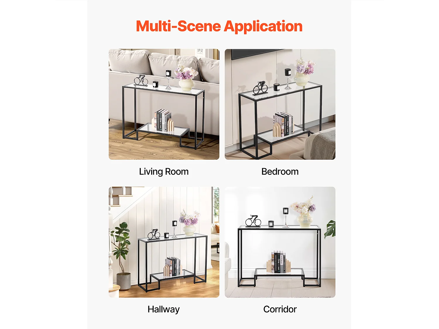 Table Console en Verre SucceBuy 2 Niveaux, Rectangulaire Moderne, Bout de Canapé avec Plateau en Verre Trempé, Pieds en Fer et Dispositif Anti-basculement, Noir